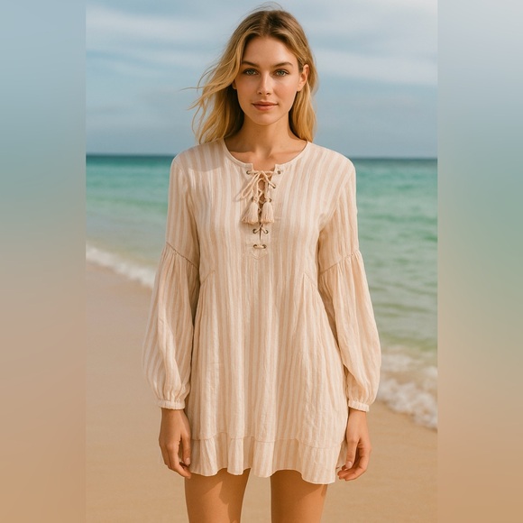 Ulla Johnson Pink Striped Mini Dress Sz 4 Cotton Long Sleeves Tassels Boho Beach - Picture 2 of 12